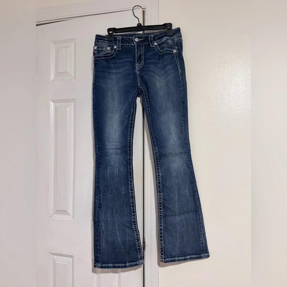 Miss Me Fleur De Lis Bootcut Jeans Med Wash Rhinestone Pockets 30